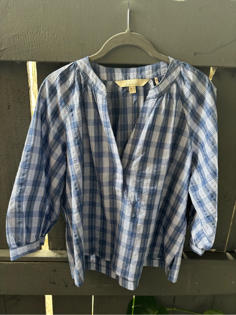 Barbour Blue Plaid Cotton V-Neck Blouse